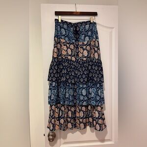 Floral Tiered Maxi Skirt - Blue and Cream